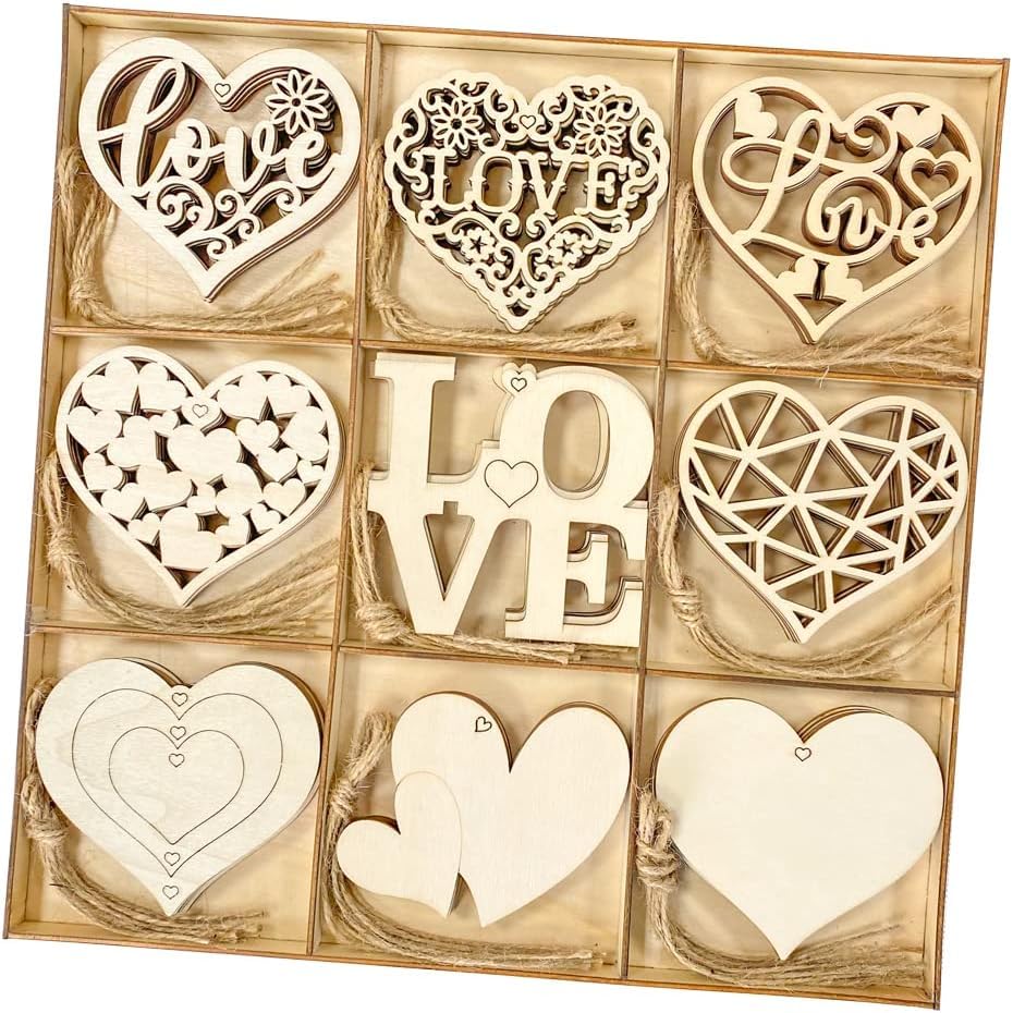 5 Pcs Wooden Heart Cutouts for DIY Crafts – 9 Styles of Unfinished Wood Hearts with Organizer Tray – 3.2 x 3.5 Inch
